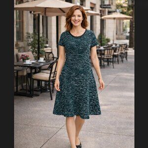 Talbots Tweed Dress 6 Teal Marbled Short Sleeve Fit Flare Vegan Faux Leather EUC